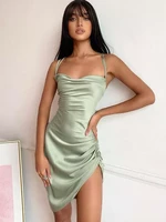 satin women strap mini dress ruched lace up cross bandage backless bodycon sexy party elegant 2022 club christmas slim