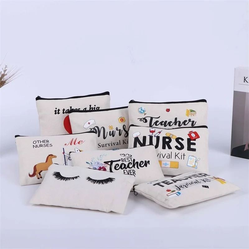 Creative Canvas Storage Bags for Teacher Nurse Cartoon Large Capacity Survival Kit Cosmetic Bag Gift for Friends Teachers