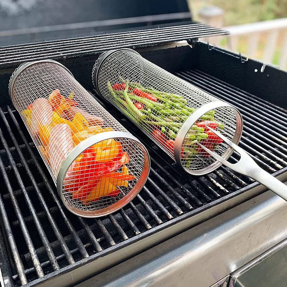 

2Pcs BBQ Net Tube, Rolling Grilling Basket BBQ Basket Rotisserie,Grill Tool with Removable Mesh Cover,Accessories Grilling Gifts