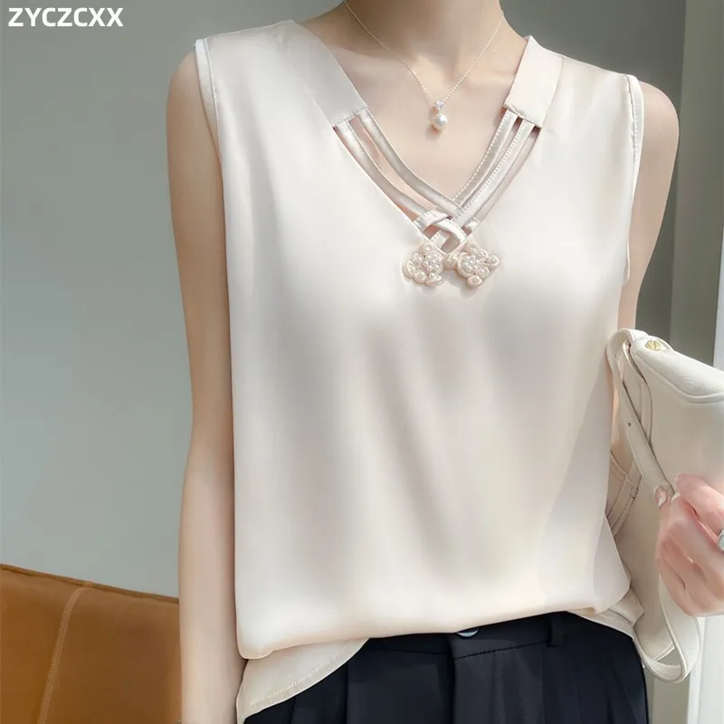 

ZYCZCXX Satin Smooth Women's Camisole Summer Fashion Chinese Style Cross V-neck Sleeveless Vest Suspender Suit Inside Matching..