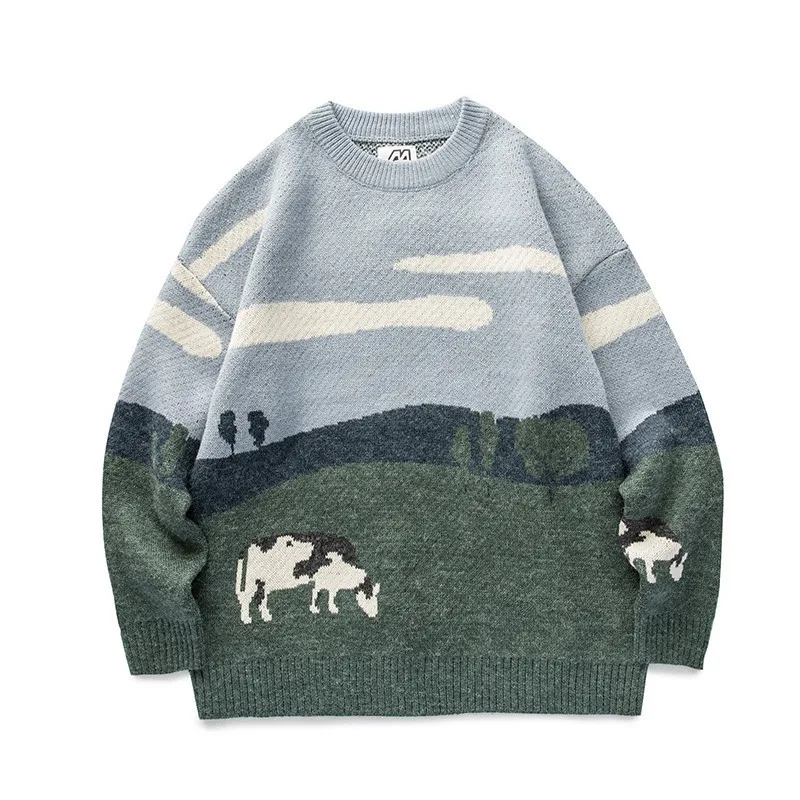 Harajuku Cow and Prairie Man Knitted Sweaters Literary Style O-Neck Long Sleeve Thick Warm Pullovers Green Plush Loose Jumpers