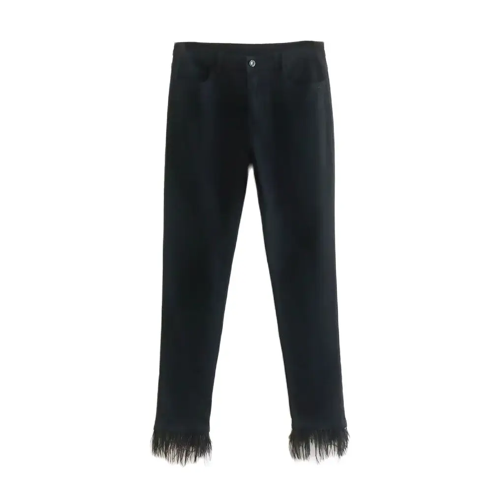 

PB&ZA Women's Pants Casual Fashion Slim Pencil Pants Feathers Decorate Y2K Clothes Black High Elastic Jeans Female Trousers