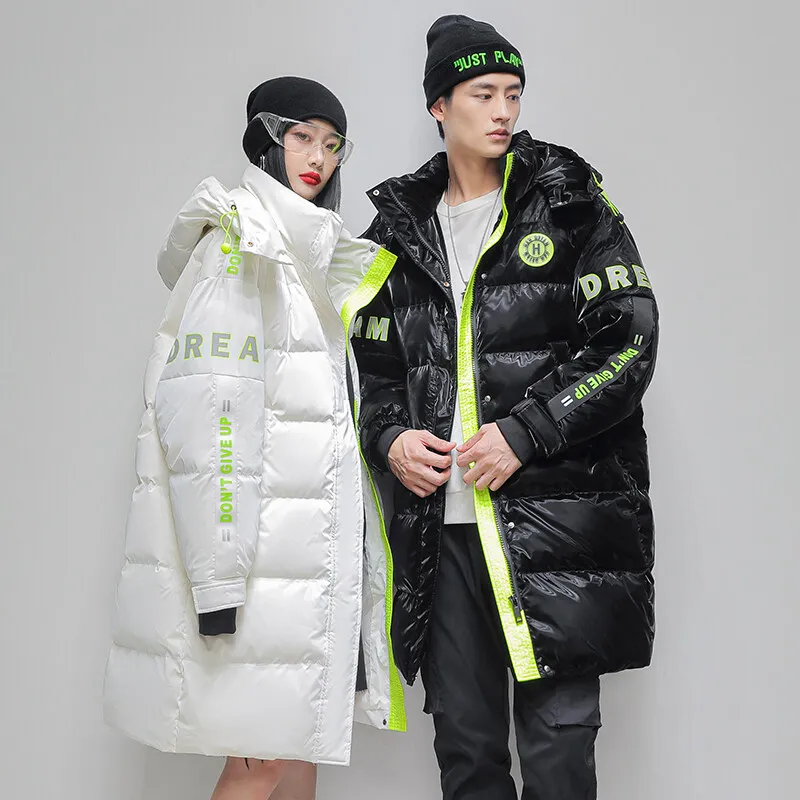 Fashion Down Jackets for Men and Women Mid-length Knee Wrap Hip Hooded Stitching Color Print Couples Coat New Thickened Bread