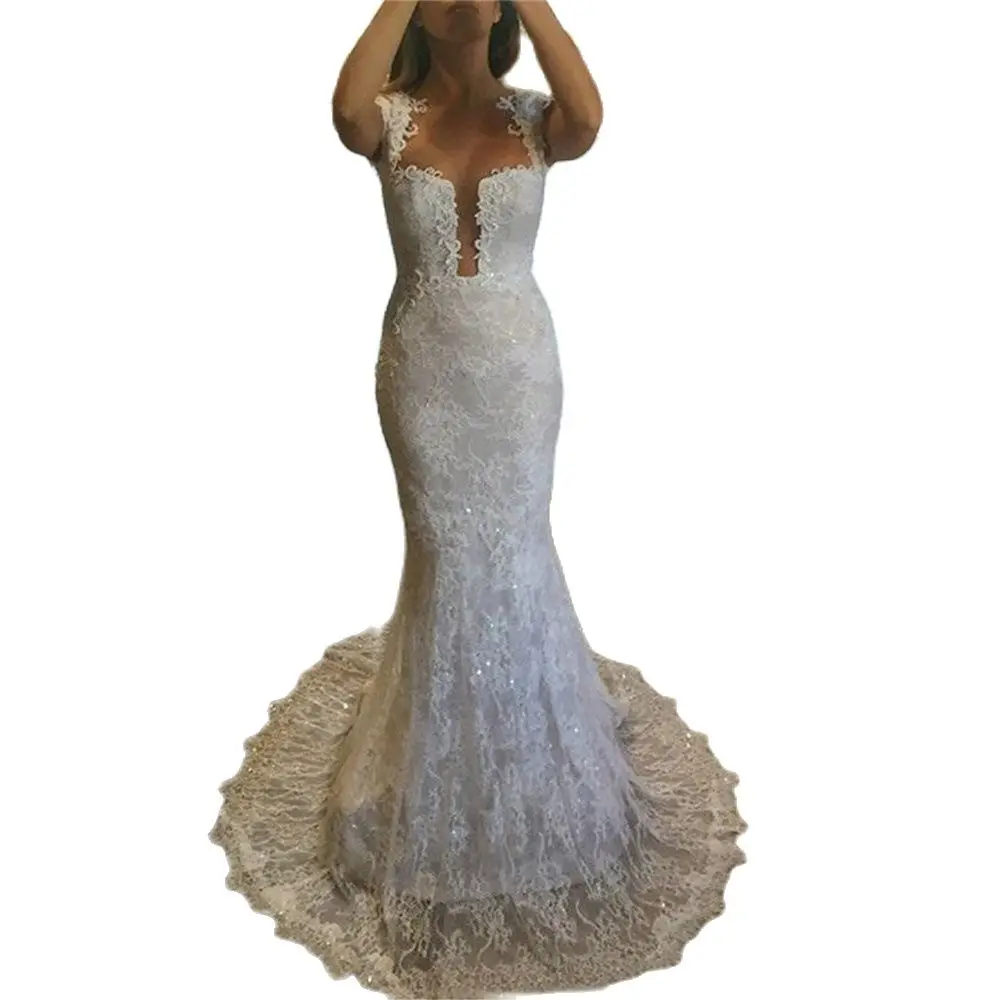 

Простое белое свадебное платье-Русалка с глубоким круглым вырезом, на тонких бретельках, с аппликацией и бисером, кружевное винтажное свадебное платье