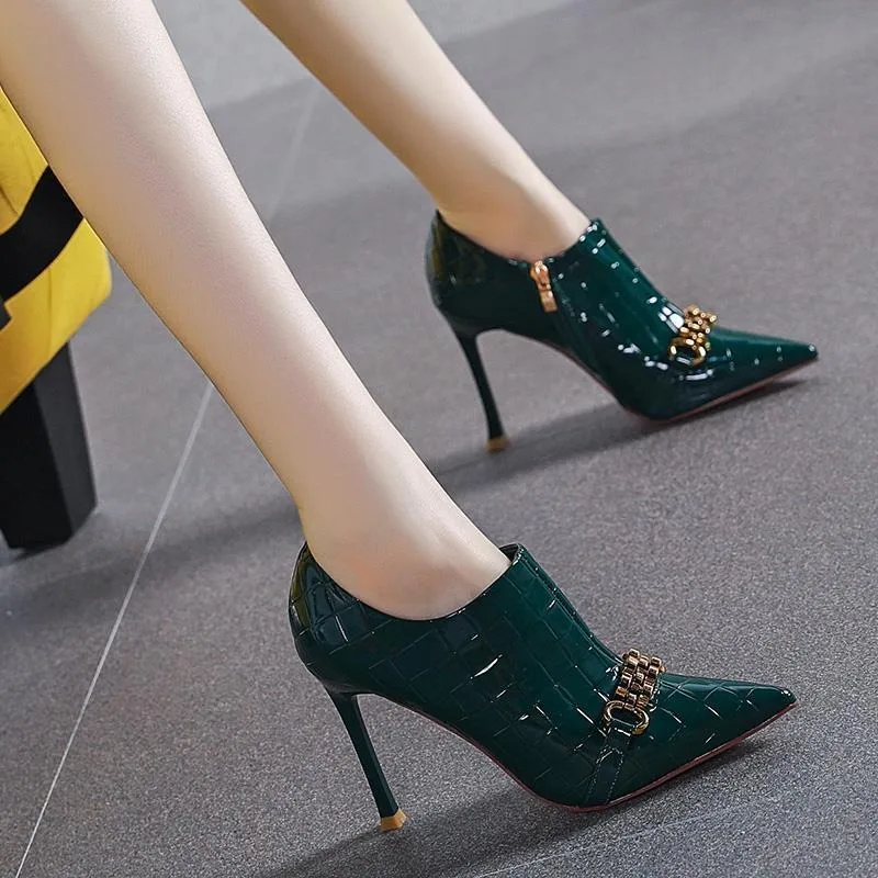 

High Heels Women Shoes Kid Suede Zipper Thin High Heel Shoes Genuine Leather Crystal Pointed Toe Pumps Ladies Size
