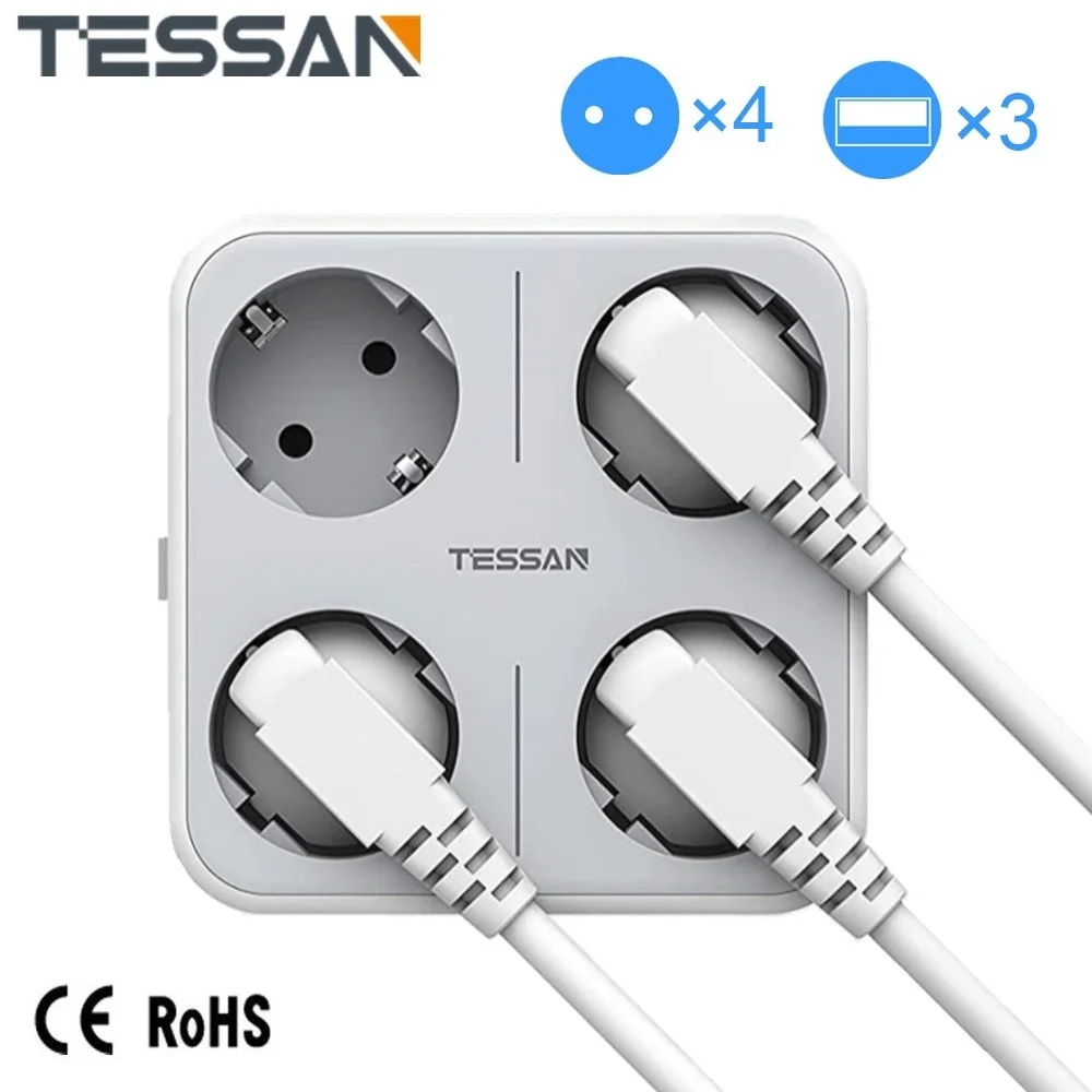 

Сетевой фильтр TESSAN с 4 розетками переменного тока и 3 USB-портами для зарядки, защита от перегрузки, несколько настенных адаптеров для дома