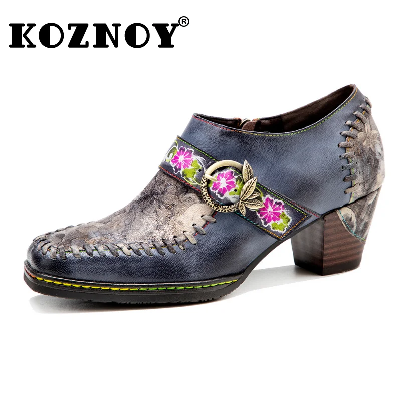 

Koznoy Women Moccassin 5.5cm Sewing Sheepskin Leather Embossed Spring Metal Decoration Big Size Print Ethnic Chunky Heel Shoes