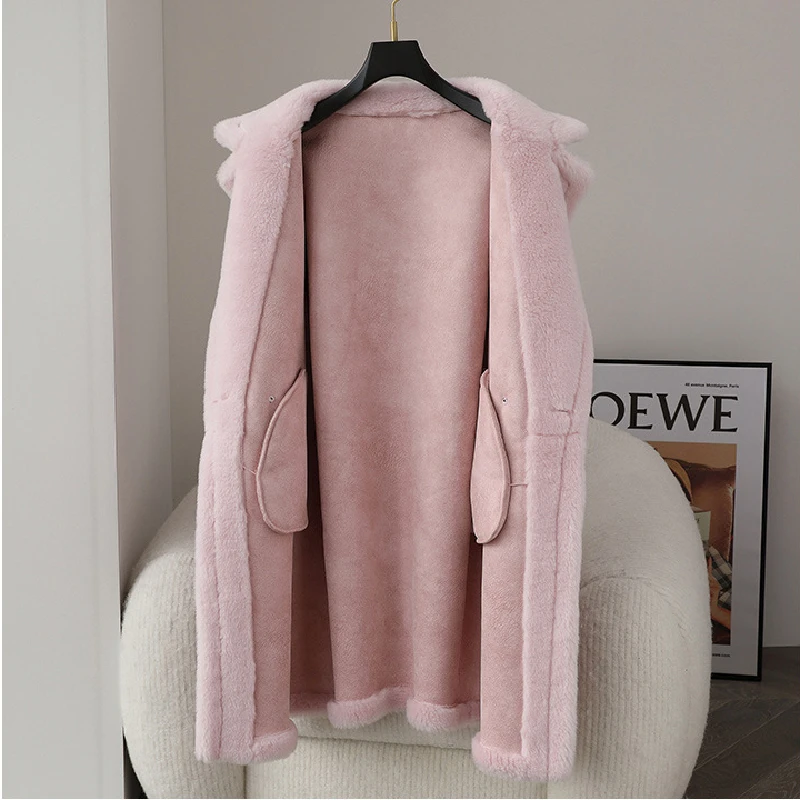 Long Faux Fur Coat Wool Blends Pockets Winter Jacket Women 2022 New Double Faced Fur Office Lady Loose Famale Clothing Parkas