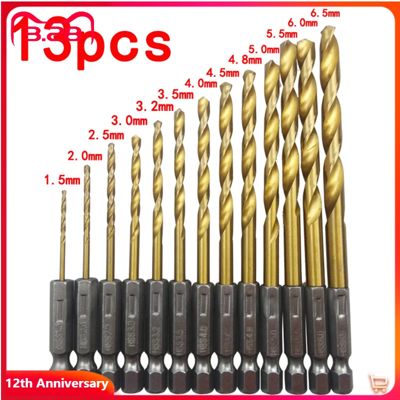 

13Pcs/lot High Speed Steel Titanium Coated Twist Drill Bit Set 1/4 Hex Shank 1.5-6.5mm