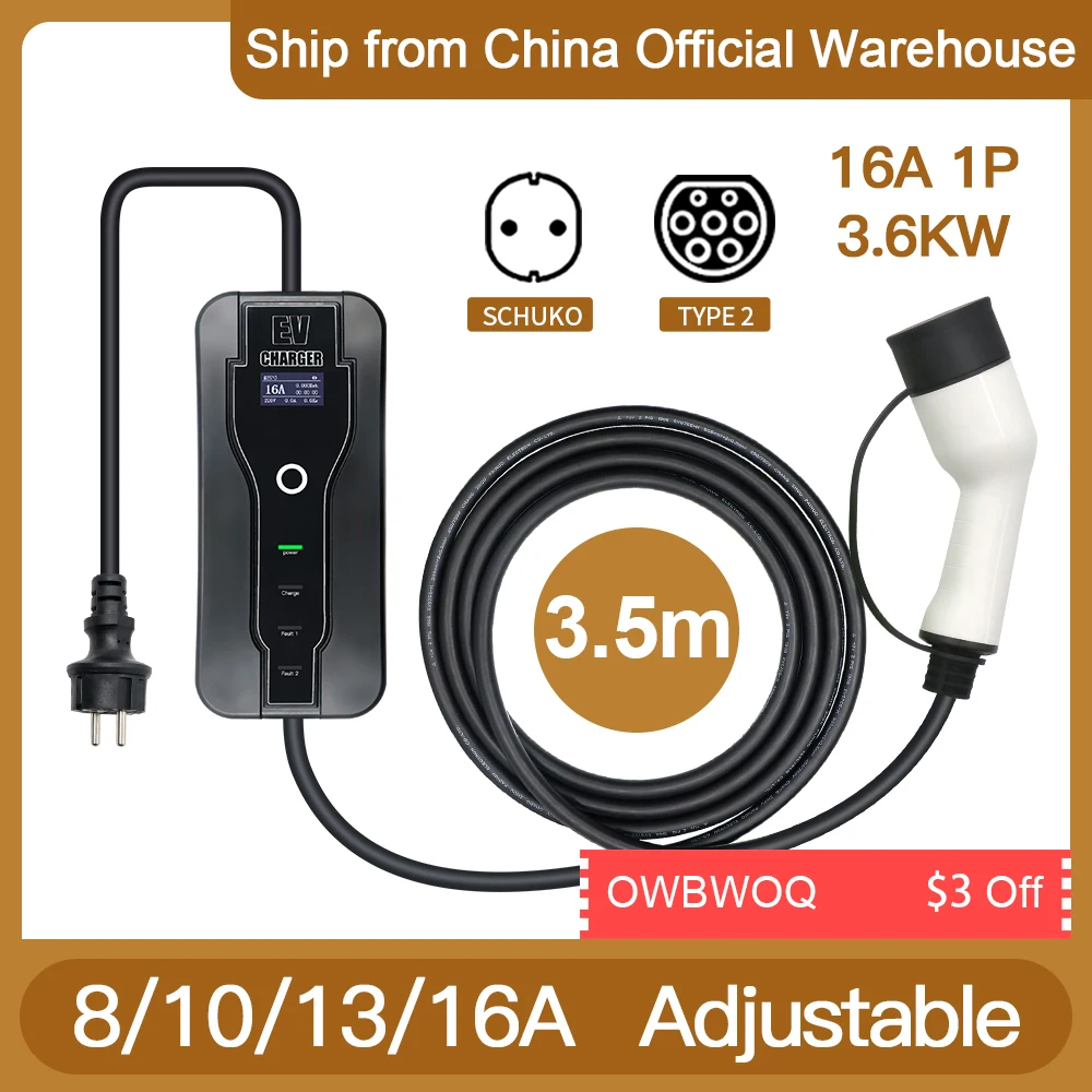 

ERDAN 16A 3.6KW Portable EV Charger Type 2 IEC62196-2 EVSE Charging Wallbox Type1 SAE J1772 Current Adjustable for Electric Car