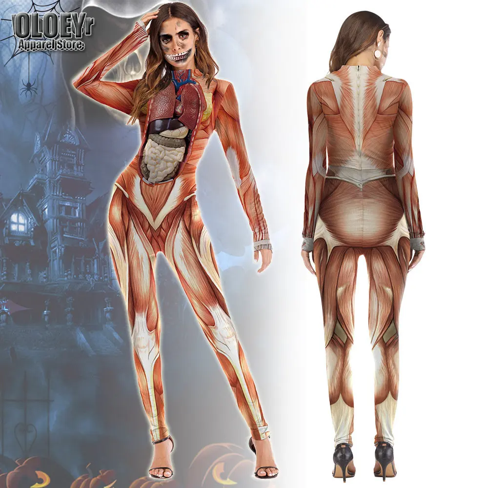 

Women Men Human Body Skeleton Muscle 3D Printing Jumpsuit Adult Halloween Cosplay Costumes Party Role Playing Dress Up Outfit