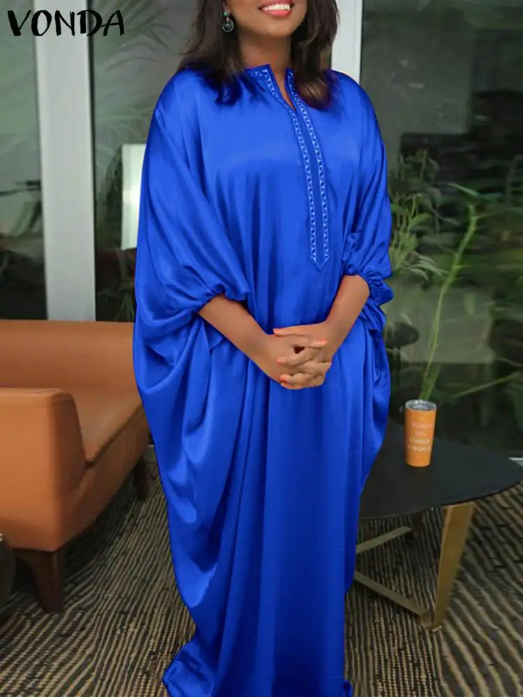 

VONDA Oversized Maxi Dress 2022 Summer Satin Sundress Women Casual Loose Vintage 3/4 Sleeve Party Robe Party Holiday Vestidos