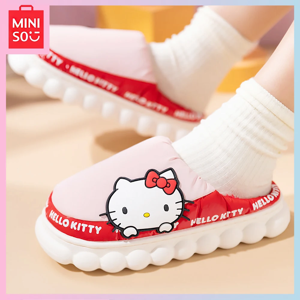 

Miniso Hello Kitty Kawaii Winter Plush Cartoon Home Indoor Warm Bun Head Non-Slip Waterproof Cotton Slippers Girls Birthday Gift