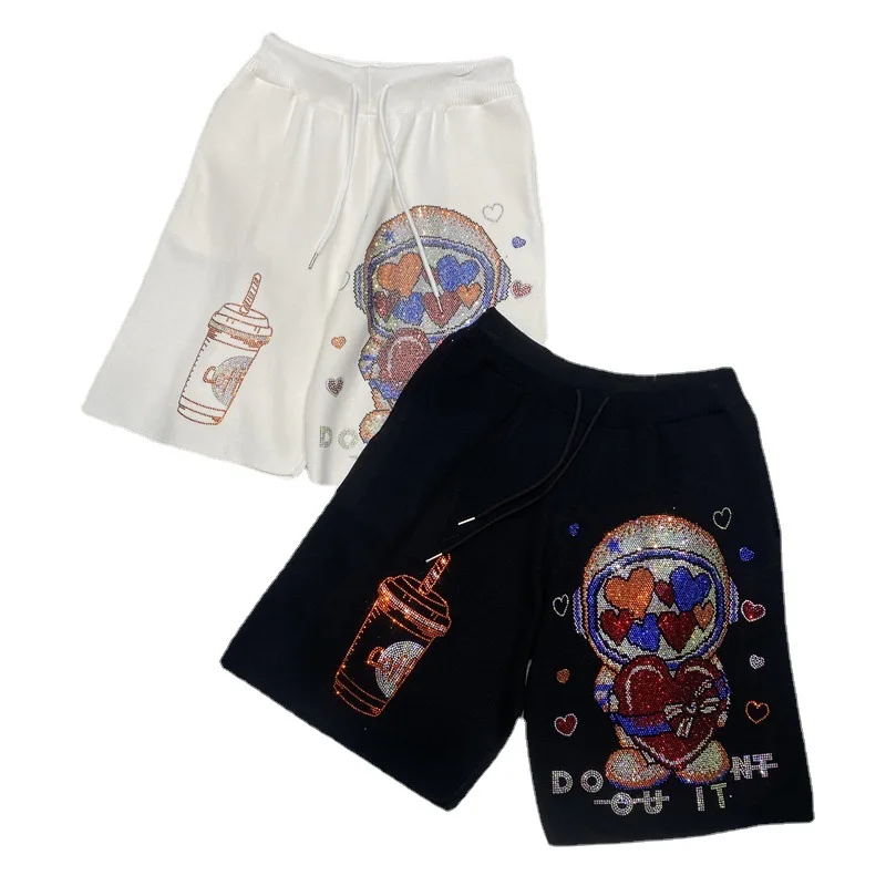Shiny Rhinestones Pattern Sweater Shorts Elastic Waist Knitting Hot Pants For Summer Stretchy Sweater Short Pants Летние шорты