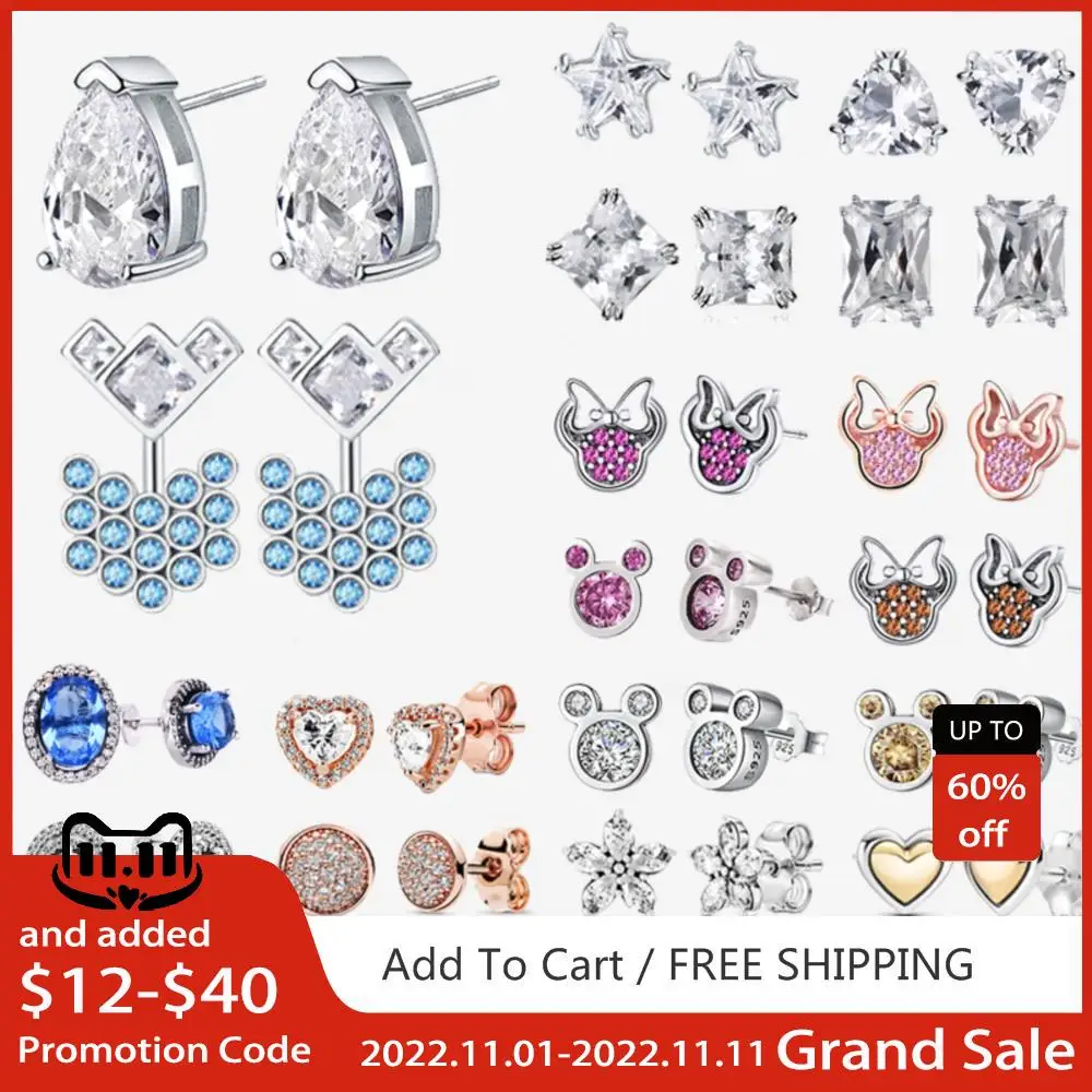 

Fashion 925 Sterling Silver Earring Sparkling Star Blue Gem Golden Heart Square Zircon Stud Earrings Women Jewelry Birthday Gift