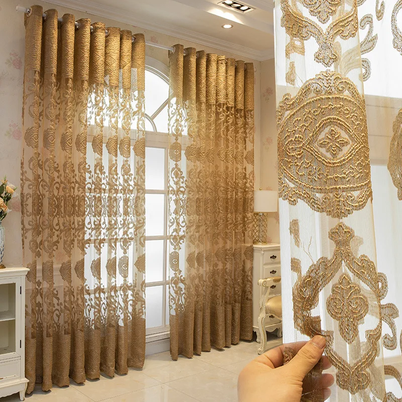 European Style Curtains for Living Dining Room Bedroom Custom Luxury Hollow Embossed Embroidery Door Window Curtain Room Decor