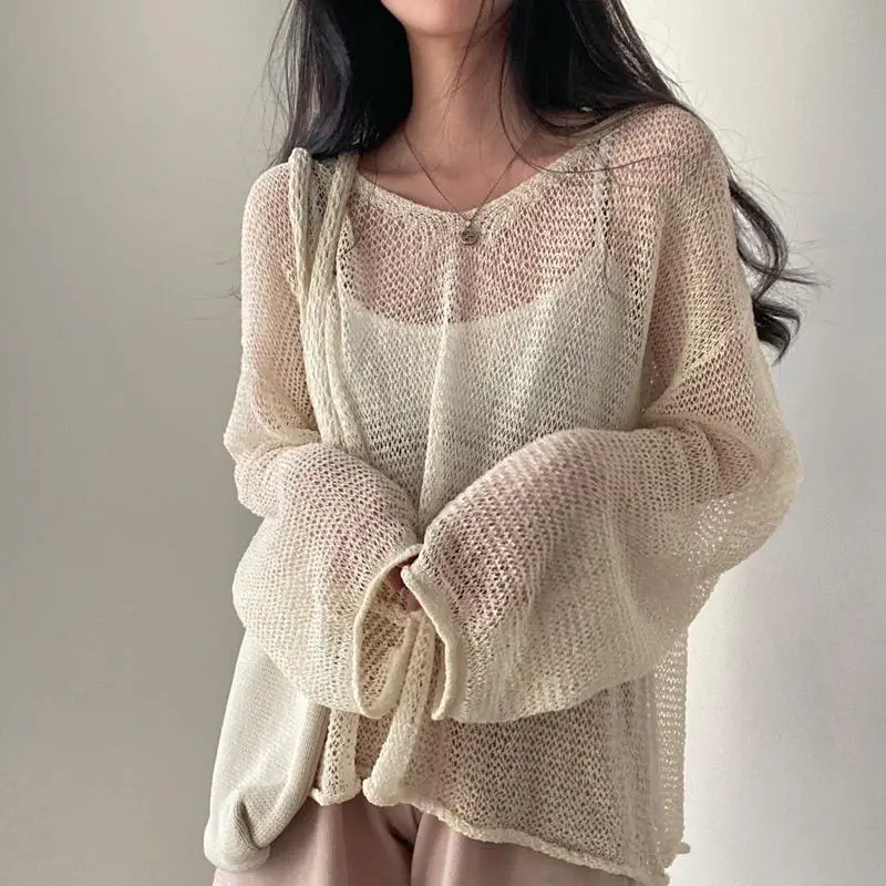 

Asymmetrical Knitted Hollow Out Women Sweater Pullovers Autumn 2022 Solid Loose Flare Sleeved Casual Female Pulls Outwear Tops