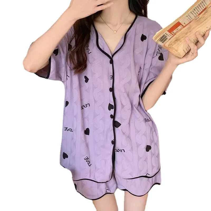 2023 New Thin Pajamas for Women's Summer Cardigan Light Purple Love Short-sleeved Shorts Home Service Suit Breathable Loungewear