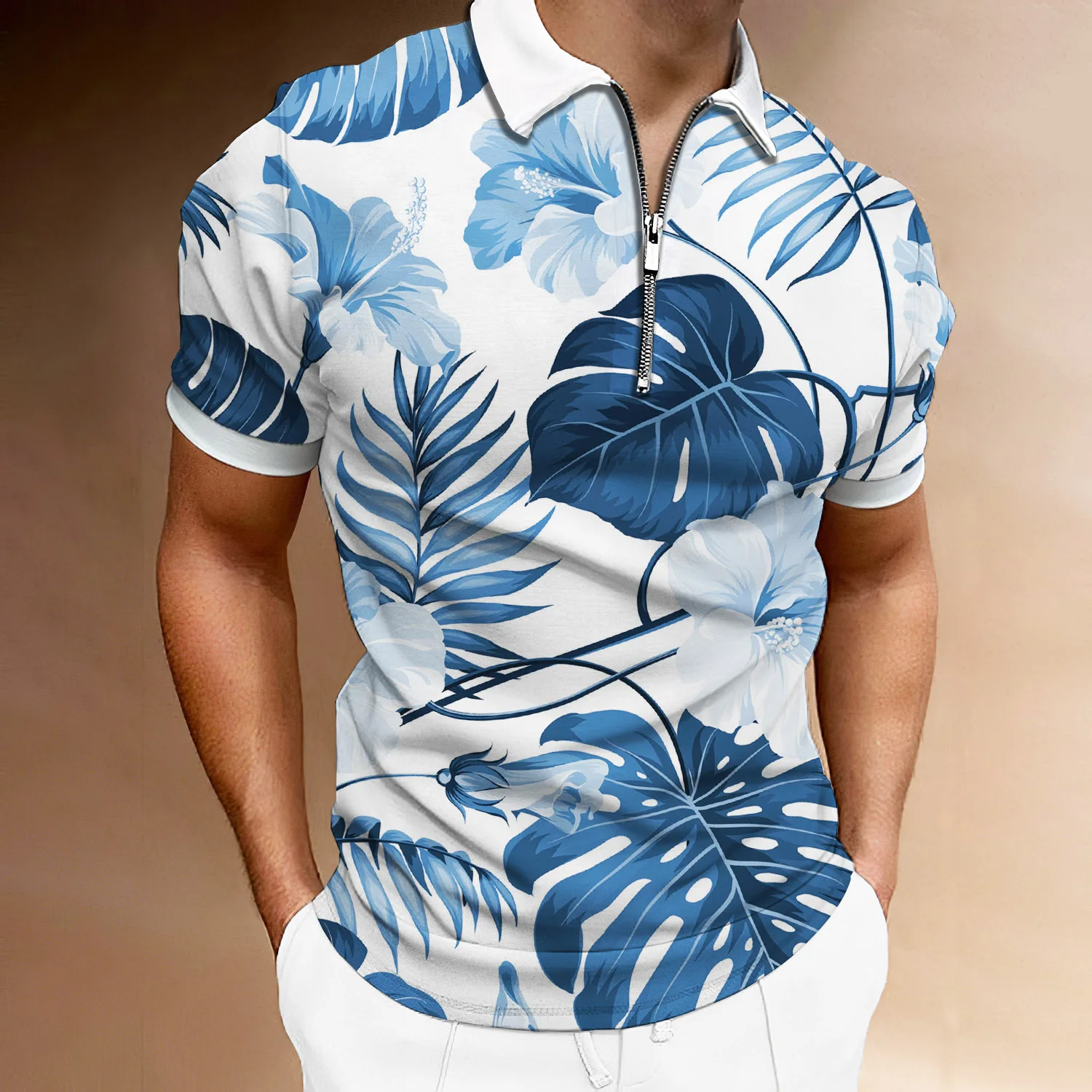 

Palm Tree Leaves Printing Polo Shirts Flower Pattern Men's Shirts Short Sleeve Male T-shirts Zipper Polo Shirt 2022 New Summer