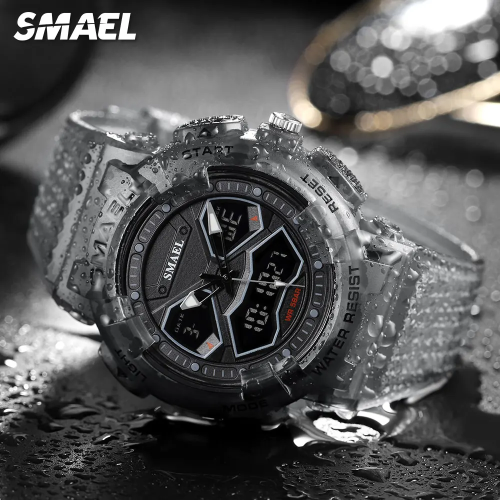 

SMAEL Digital Watches for Men Dual Time Display Chronograph Quartz Wristwatch with Transparent Black Strap Auto Date Week 8073