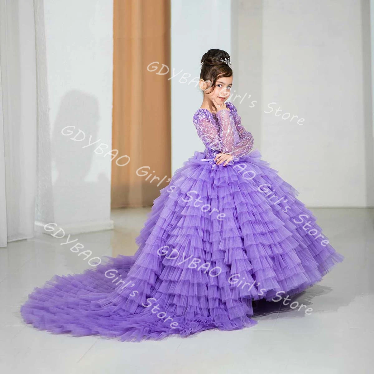 Светло-фиолетовое платье с цветочным узором для девочек на свадьбу детское