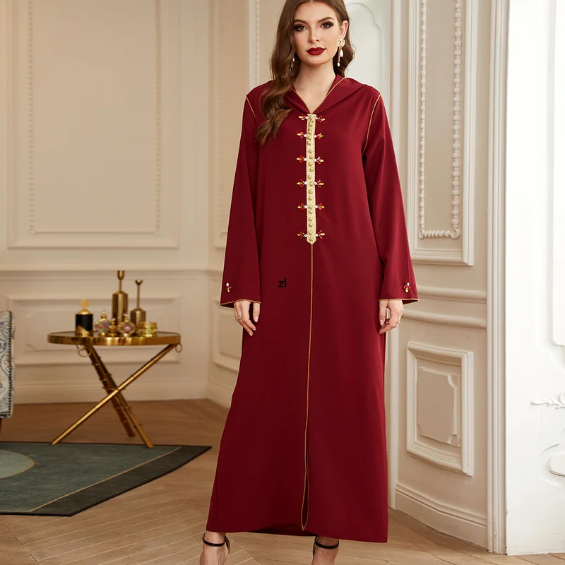 Fashion Muslim Dress Army Green Hand Sewn Diamond Hood Ladies Arabian Maxi Dress 2022 New Kaftan Abayas Djellaba Moroccan