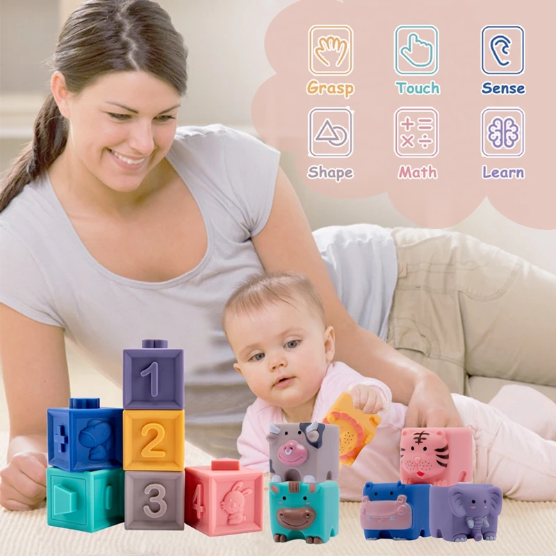 

3D Silicone Grasp Blocks Baby 0-3T Toy Touch Hand Soft Baby Massage Rubber Toys