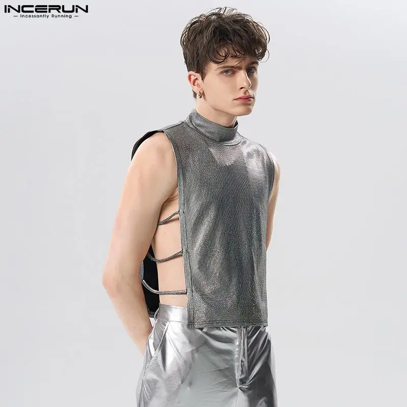 

Sexy Casual Style Tops INCERUN Men Shiny Fabric Vests Party Nightclub Hot Sale Male Small High Collar Sleeveless Waistcoat S-5XL