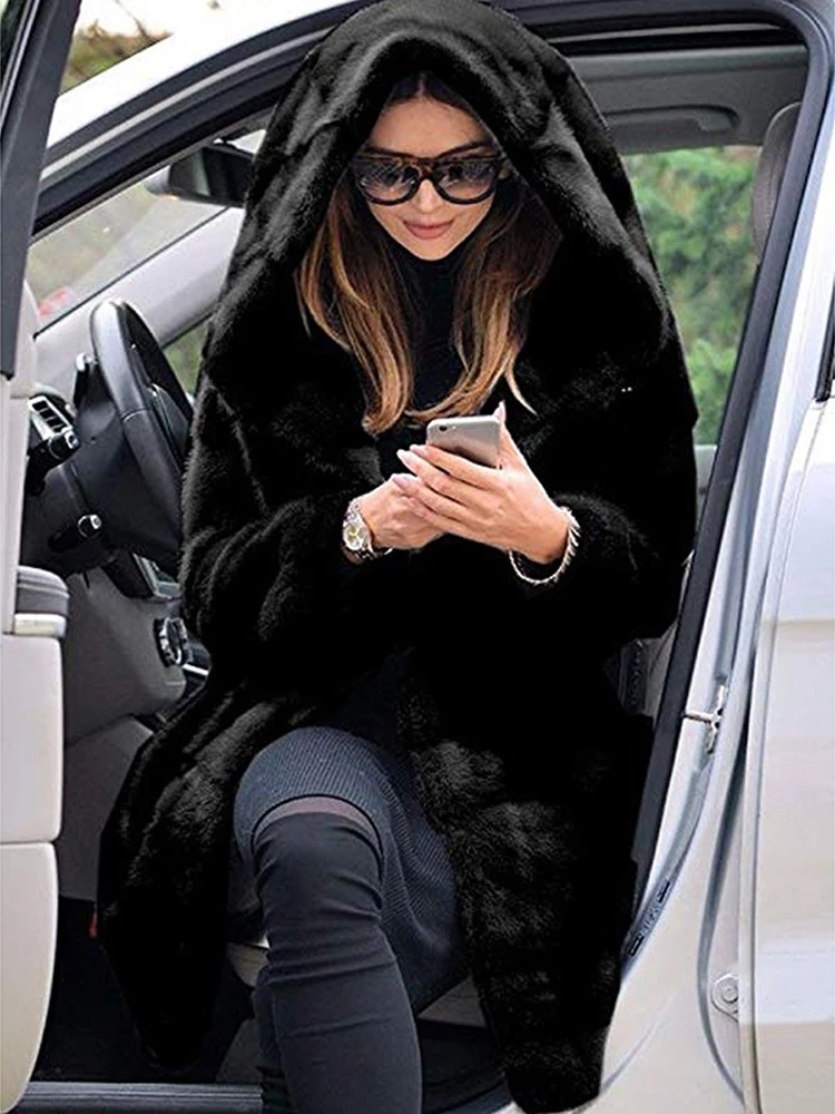 Women's Faux Fur Coat Winter Oversized Warm Streetwear Long Sleeve Hooded Overcoat Female Outerwear Plus Size Clothes