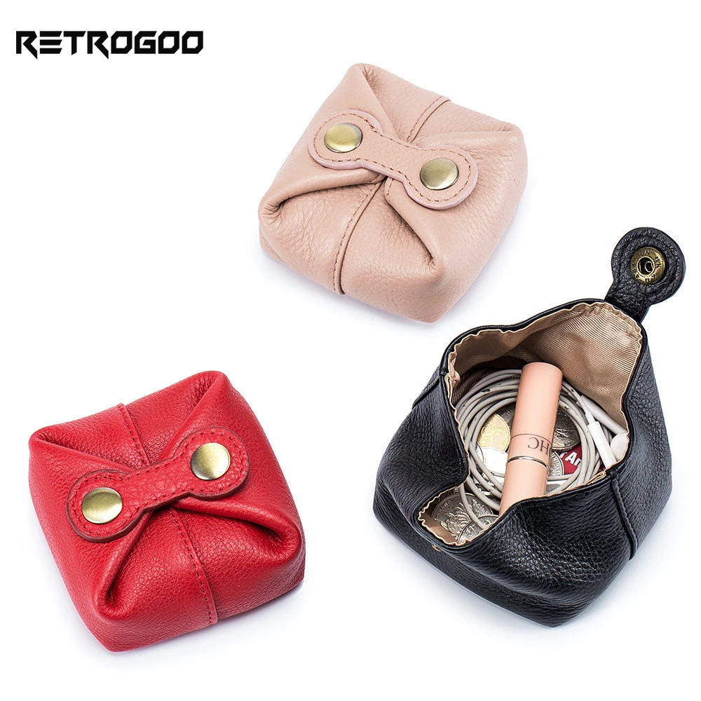 RETROGOO Genuine Leather Coin Purse For Men Women Vintage Handmade Small Earphone Bag Wallet Pouch Change Pocket Storage Bag
