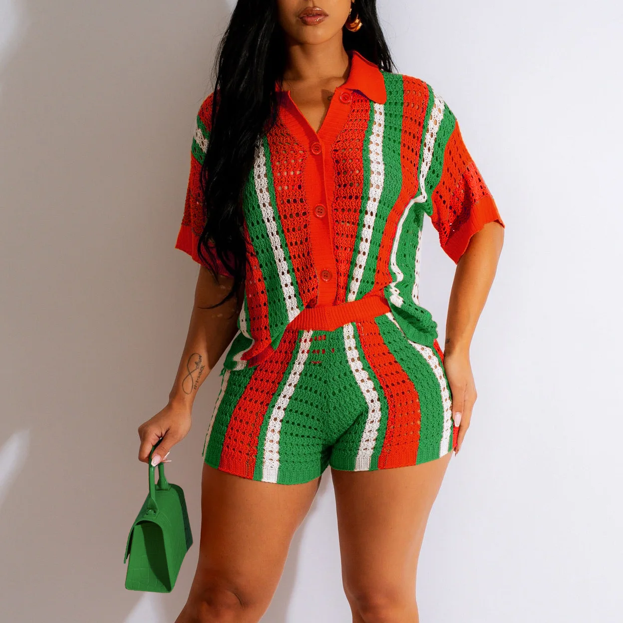 

2023 Summer Beachwear Crochet Contrasting Colors Stripes Turn Down Button Collar T-shirt+Shorts Casual Woman 2pcs Knitted Suit