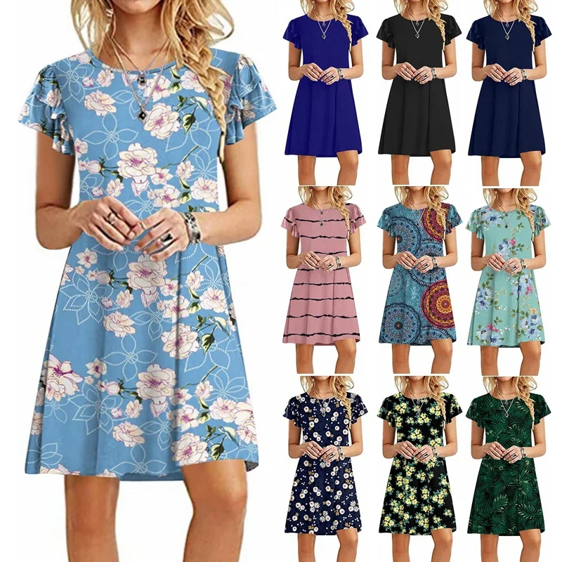 

2023 Summer Floral Dress Women Casual Loose O-Neck Pockets Dress Flying Sleeve A-line Print Flower Ruffle Comfy Fashion Dress