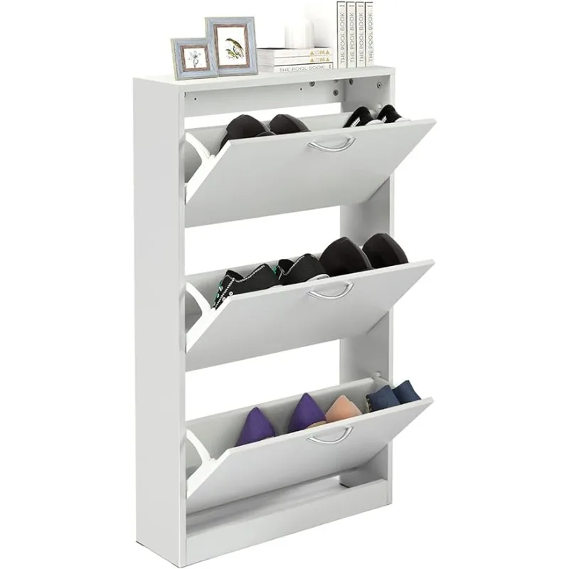 

Шкаф для обуви для прихожей, белый узкий шкаф для хранения обуви с откидной крышкой, деревянный 3-уровневый органайзер для обуви для дома