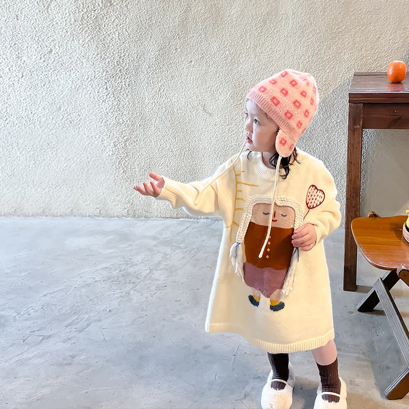 

Осенне-зимнее трикотажное платье для девочек, трикотажная одежда с мультяшной вышивкой, Детские плотные теплые платья kni