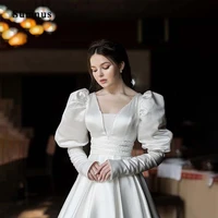 royal satin wedding dress puff long sleeve back lace up elegant princess bride gown women prom marriage formal robe de mariee