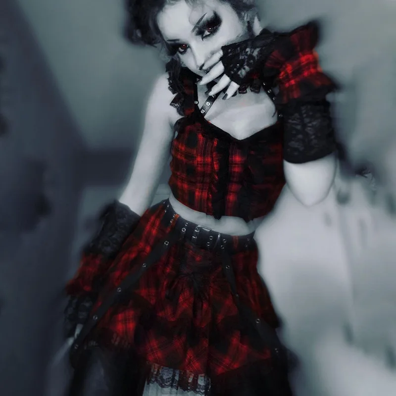 

Y2k Plaid Strap Lace Trim Tops Pleated Skirt Suit Spring/summer 2022 Women's Dress Goth Alternative Grunge Aesthetic 2piece Sets