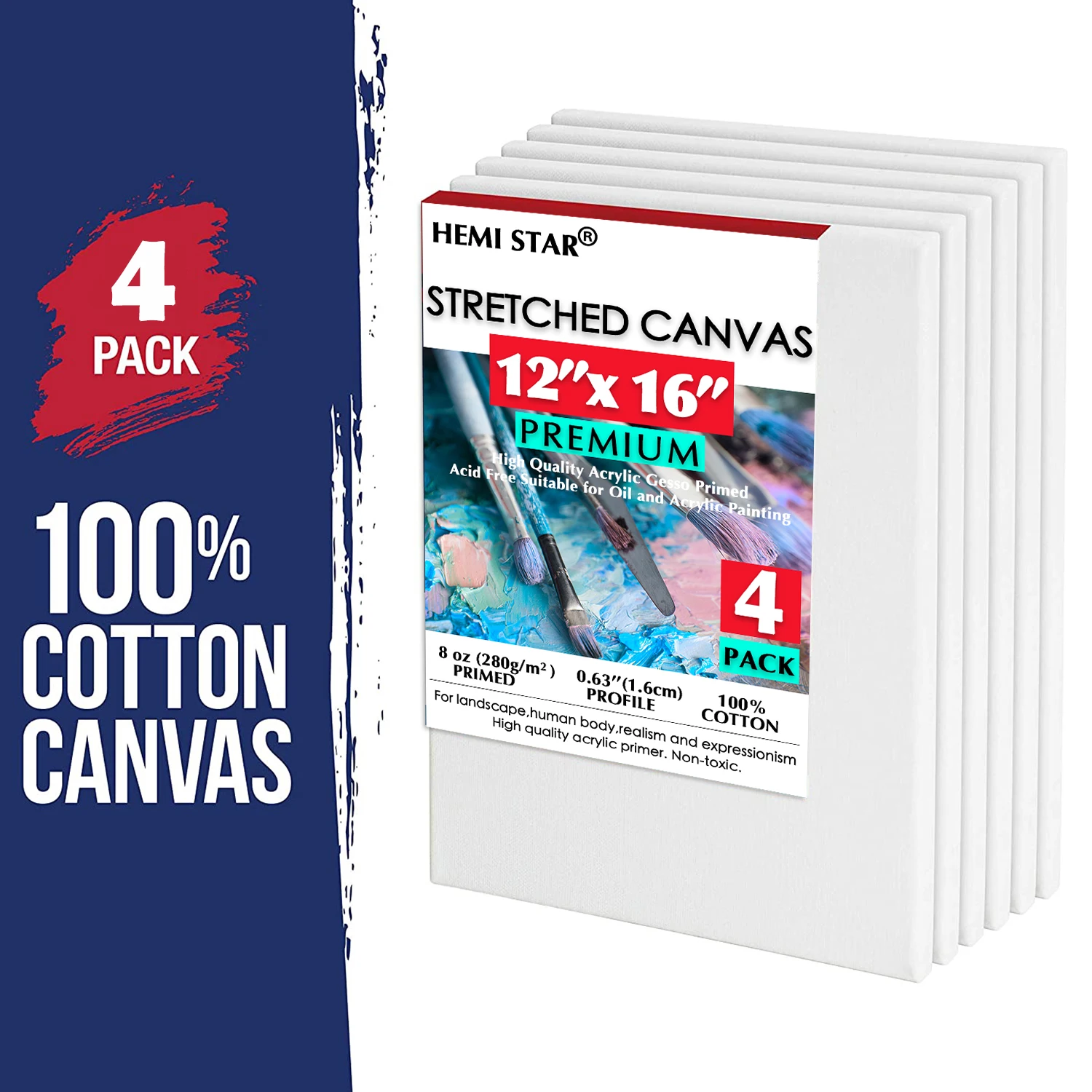 

Stretched Canvas 8-Ounce Triple Primed, 4-pcs - Professional Artist Quality White Blank 3/4" Profile, 100% Cotton,Multi Size