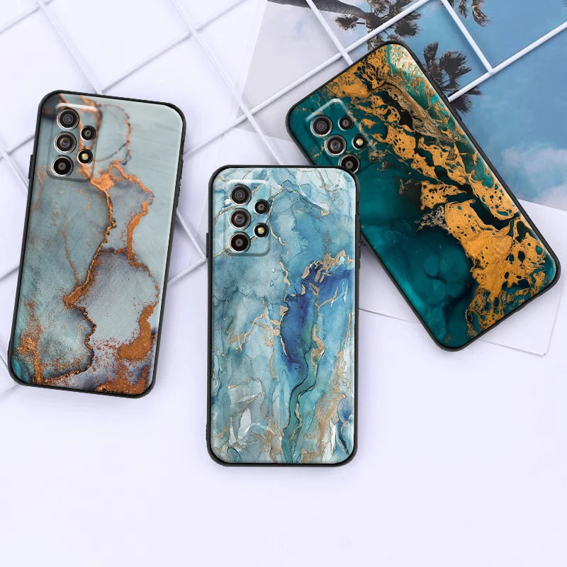

Luxury Gilt Marble Fashion Art For Samsung A52 A72 4G 5G Phone Case Back Black Carcasa Funda Liquid Silicon Soft Silicone Cover