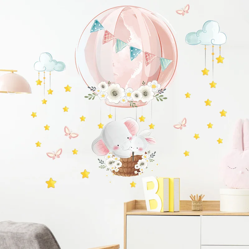 

Baby Elephant Wall Decals Hot Air Balloon Animal Wall Stickers Removable Nursery Wall Decor for Baby Kids Boys Girls Bedroom