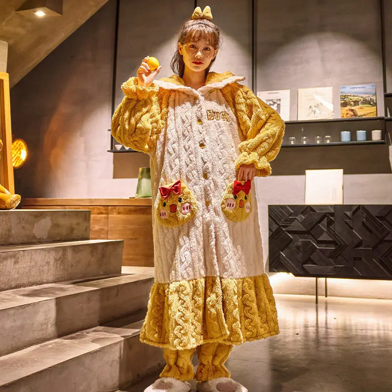Pajamas Women's Autumn and Winter Models New Thick Loose Cute Home Service Suits Can Be Worn Outside Pajama Set