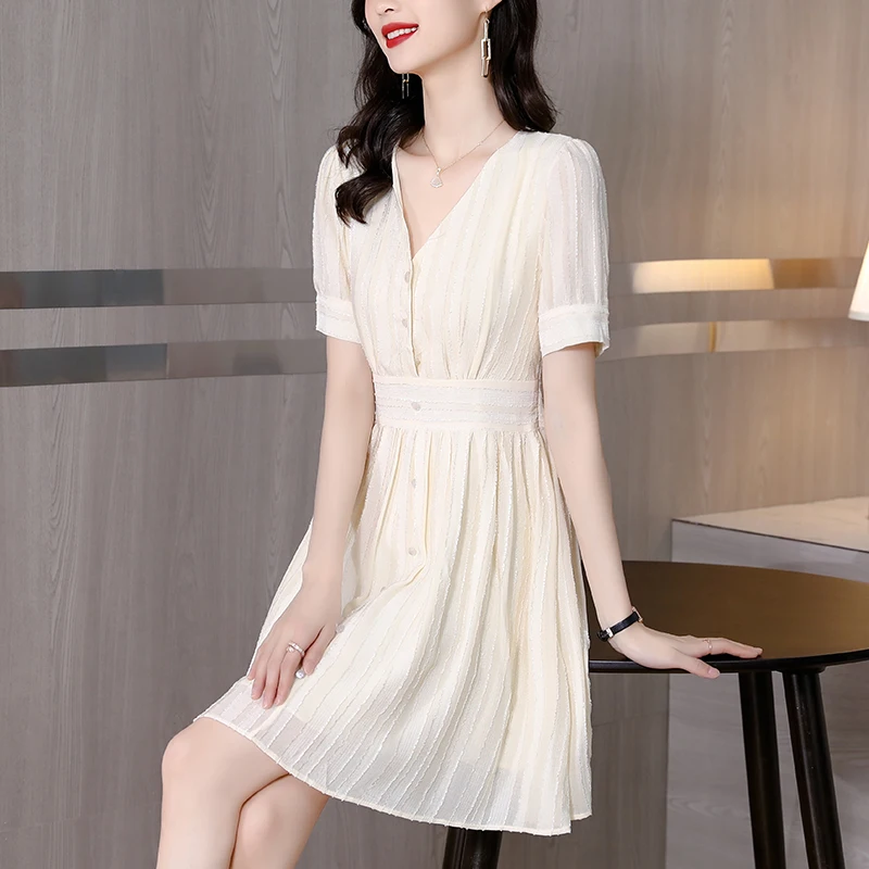 

Женское белое шифоновое мини-платье с V-образным вырезом, элегантное облегающее платье-трапеция с высокой талией, летнее корейское модное л...