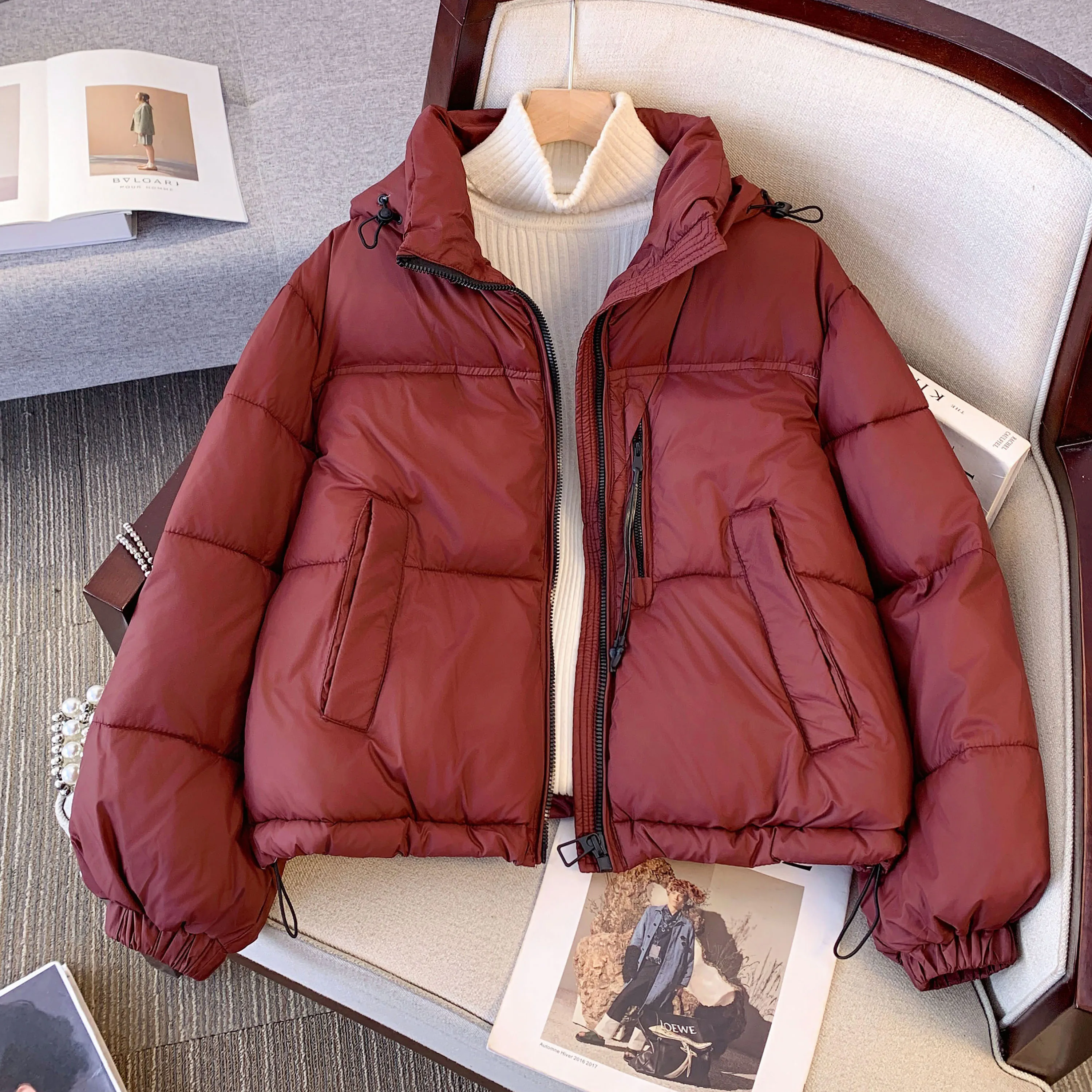 Красное пуховое пальто Ankela с хлопковой подкладкой для женщин зима 2024 новинка в