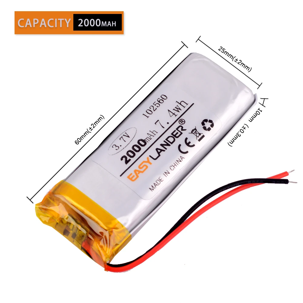 

3.7V 2000mAh 102560 Lithium Polymer Rechargeable Battery Accumulator Li ion lipo cell For E-book power bank DIY Tablet PC