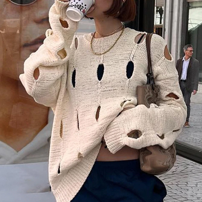 

2022 Street Fashion Knitted Sweater Women Autumn Spring Simple Casual Hole Loose Hot Girl Hollow Out Pullovers Niche Tops Female