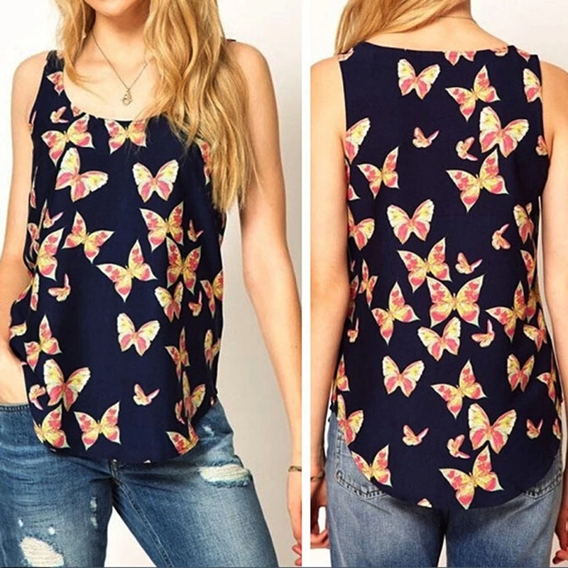 

2022 New Summer Fashion Chiffon Printed Vest Women Tank Tops Butterfly Printed Tank Top Casual Sexy O-Neck Sleeveless Tank Top