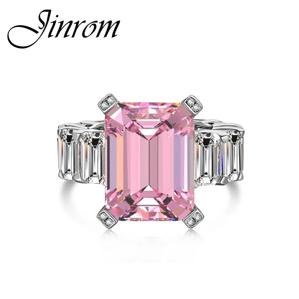 

Jinrom S925 Sterling Silver Zircon Ring Female Emerald Cut 8A Gemstone Full Diamond Sparkling Wedding Engagement Ring for Women