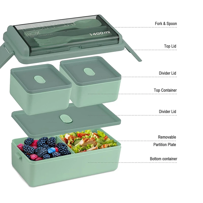 2X Bento Box Kit 47 35 OZ Ланч-бокс для взрослых 3 с отделениями бенто контейнеры еды зеленые