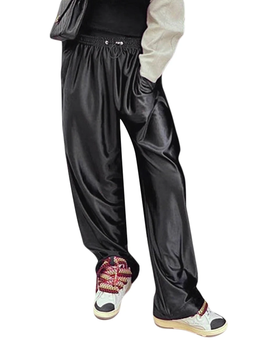 

Caziffer Women Y2k Baggy Satin Silk Sweatpants Drawstring Elastic Waist Wide Leg Jogger Pants Retro Loose Punk Long Trousers