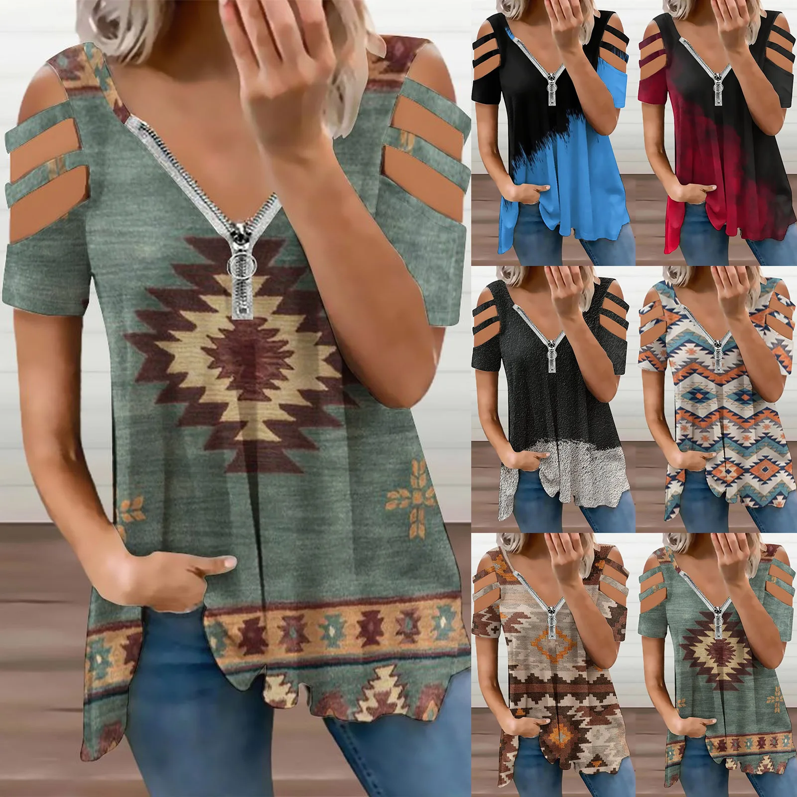 

Womens Small Cotton Shirt Women Western Shirt Zipper Pullover Short Sleeve Color Block V Neck Fashion Womens T Shirts for Summer