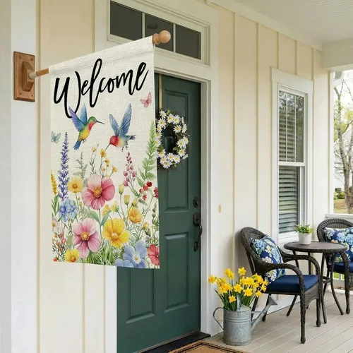 Фото Флаг Spring House с цветочным узором и изображением колибри, двусторонний, 28x40 дюймов, ZZY №4